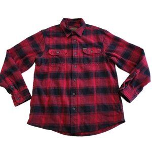 Orvis Shirt Jacket Mens M Buffalo Plaid Flannel Red Black Buttons Pockets Chore